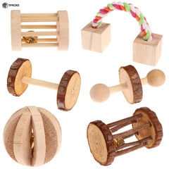 6Pcs/Set Pet Hamster Natural Wooden Chewing Toys Chinchilla Cage Accessories Rabbit Toys Wooden Dumbbell Exercise Bell Roller